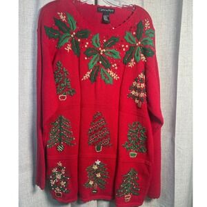 Work in Progress Red Christmas Sweater Embroidered Trees Beads XL 18-20 NWT